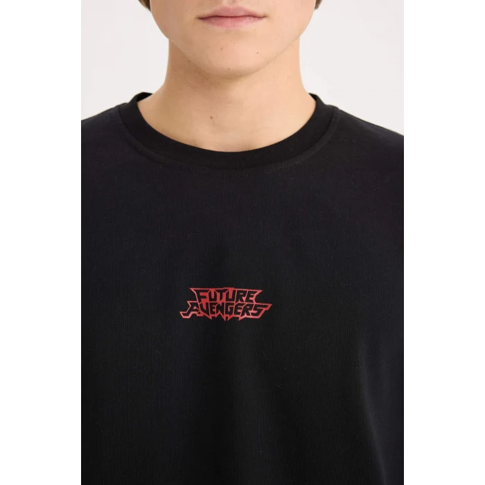 Defacto D6780 Siyah Marvel Boxy Fit Bisiklet Yaka Sırt Baskılı Kısa Kollu Tişört