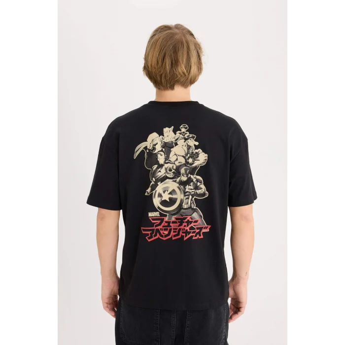 Defacto D6780 Siyah Marvel Boxy Fit Bisiklet Yaka Sırt Baskılı Kısa Kollu Tişört