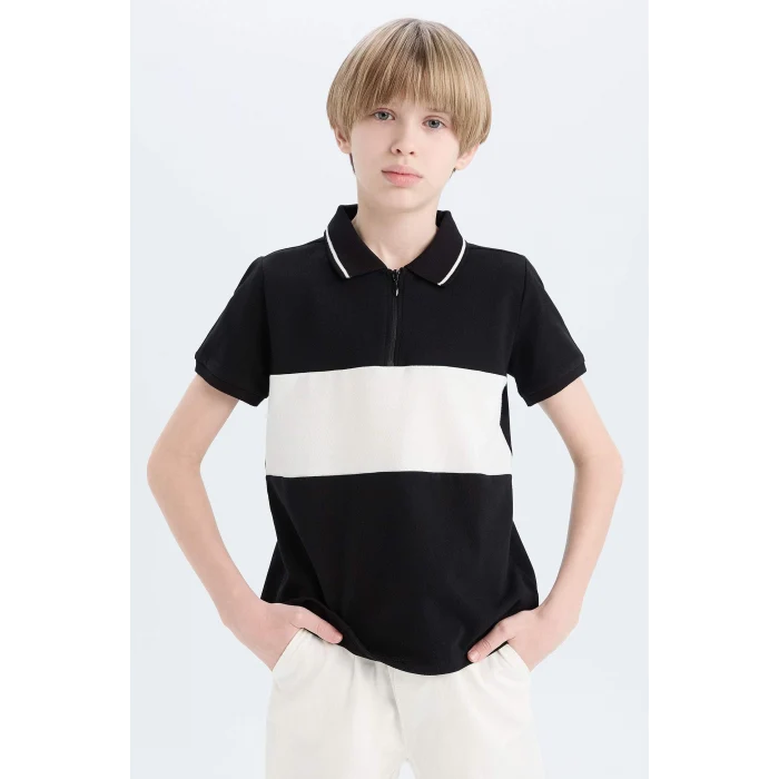 Defacto D9415 Siyah Erkek Çocuk Renk Bloklu Pike Kısa Kollu Polo Tişört