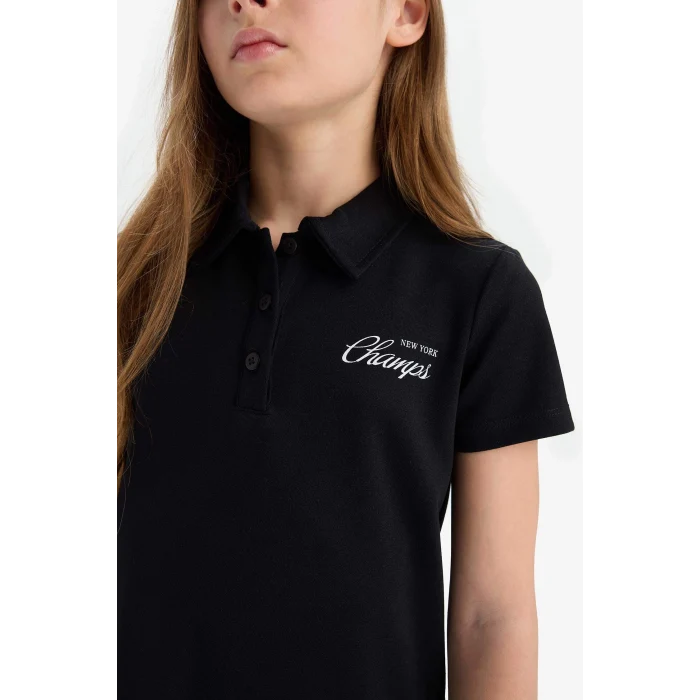 Defacto E2646 Siyah Kız Çocuk Polo Yaka Baskılı Kısa Kollu Elbise