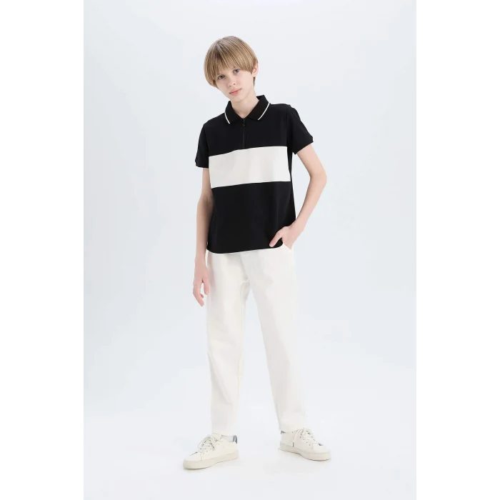 Defacto D9415 Siyah Erkek Çocuk Renk Bloklu Pike Kısa Kollu Polo Tişört