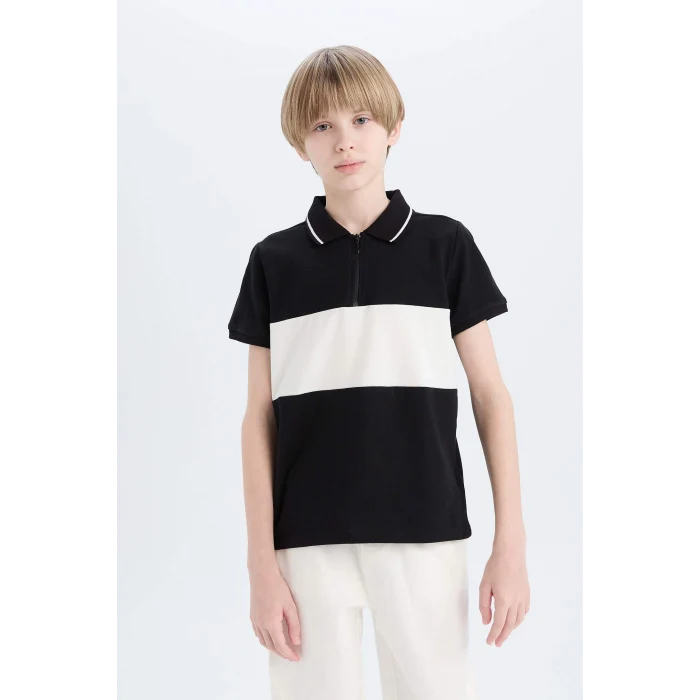 Defacto D9415 Siyah Erkek Çocuk Renk Bloklu Pike Kısa Kollu Polo Tişört