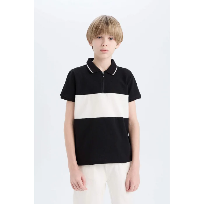 Defacto D9415 Siyah Erkek Çocuk Renk Bloklu Pike Kısa Kollu Polo Tişört