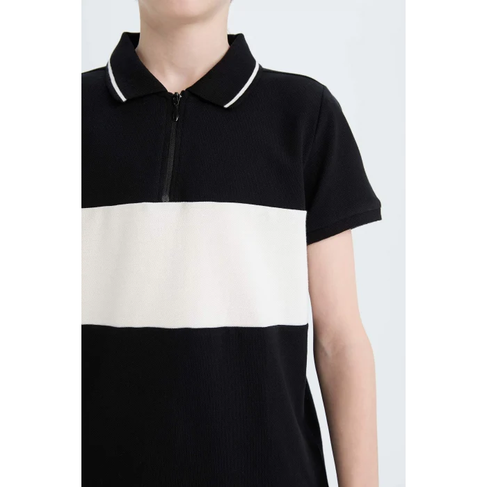 Defacto D9415 Siyah Erkek Çocuk Renk Bloklu Pike Kısa Kollu Polo Tişört