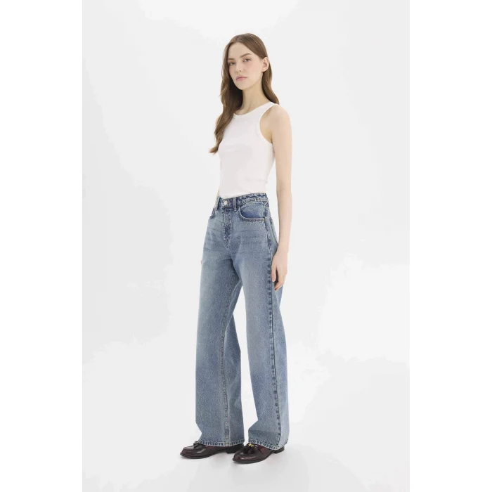 Defacto D7979 Mavi Straight Wide Yüksek Bel Geniş Paça Uzun Jean Pantolon