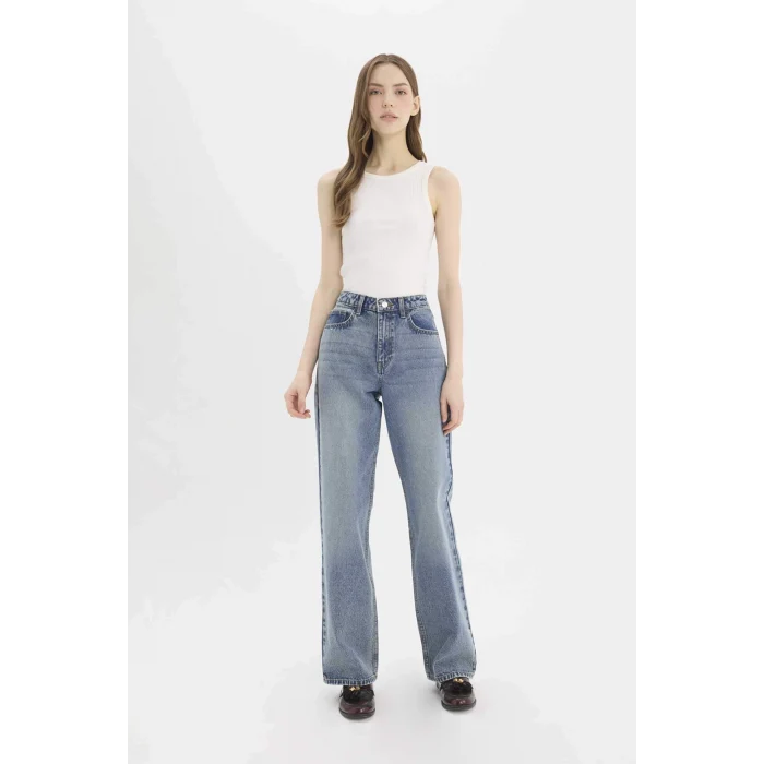 Defacto D7979 Mavi Straight Wide Yüksek Bel Geniş Paça Uzun Jean Pantolon