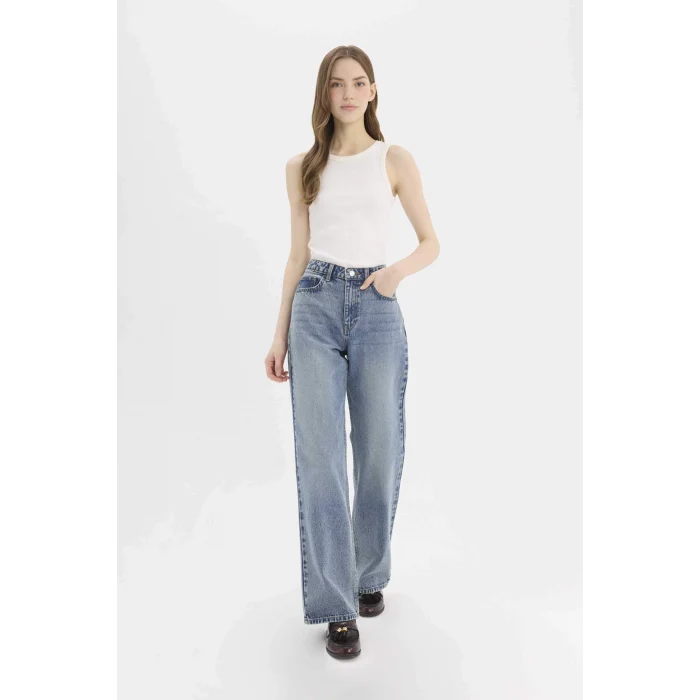 Defacto D7979 Mavi Straight Wide Yüksek Bel Geniş Paça Uzun Jean Pantolon