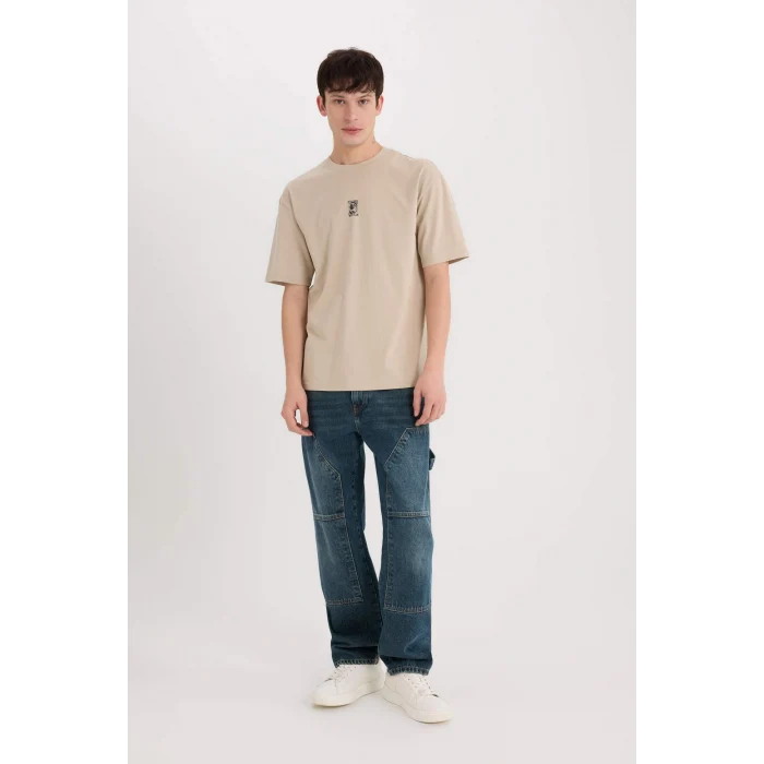 Defacto E1486 Bej Boxy Fit Bisiklet Yaka Sırt Baskılı Kısa Kollu Tişört