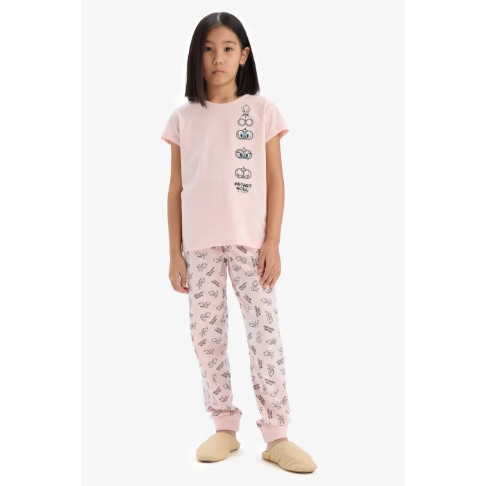 Defacto E2226 Pembe Kız Çocuk Looney Tunes Pijama Takımı Kısa Kollu Üst Beli Lastikli Uzun Alt