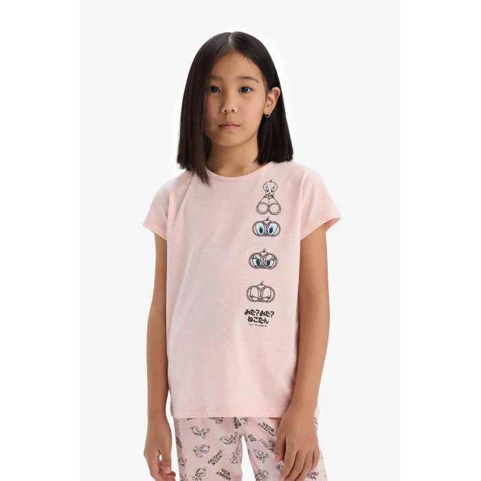 Defacto E2226 Pembe Kız Çocuk Looney Tunes Pijama Takımı Kısa Kollu Üst Beli Lastikli Uzun Alt