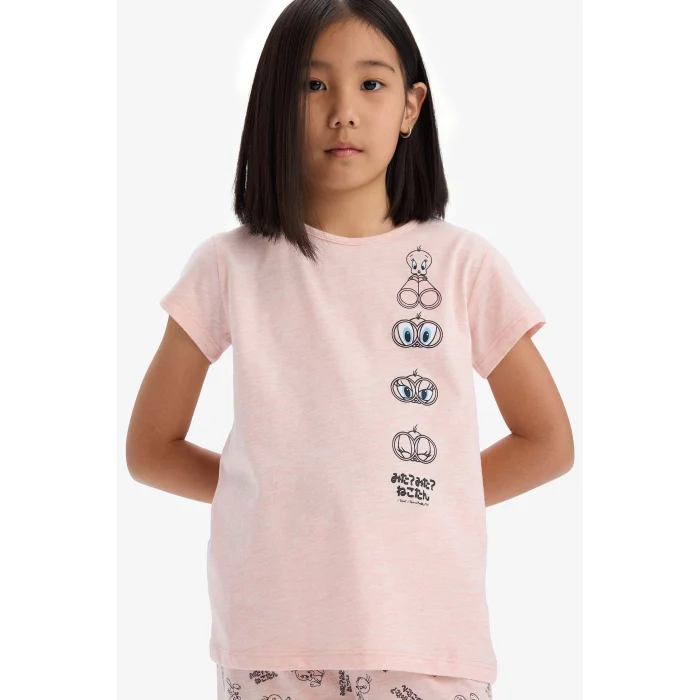 Defacto E2226 Pembe Kız Çocuk Looney Tunes Pijama Takımı Kısa Kollu Üst Beli Lastikli Uzun Alt