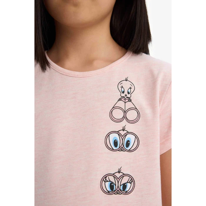 Defacto E2226 Pembe Kız Çocuk Looney Tunes Pijama Takımı Kısa Kollu Üst Beli Lastikli Uzun Alt