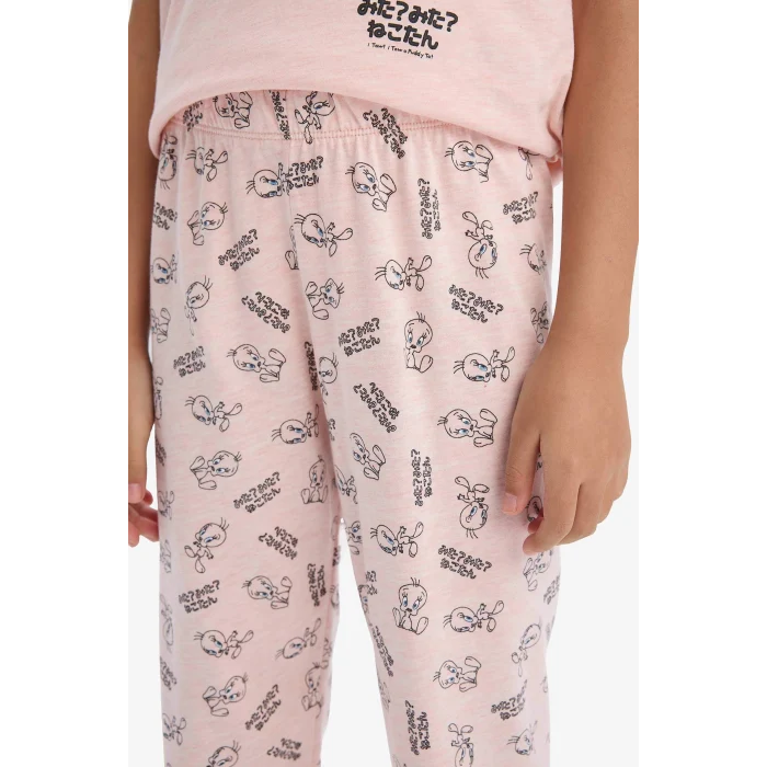 Defacto E2226 Pembe Kız Çocuk Looney Tunes Pijama Takımı Kısa Kollu Üst Beli Lastikli Uzun Alt