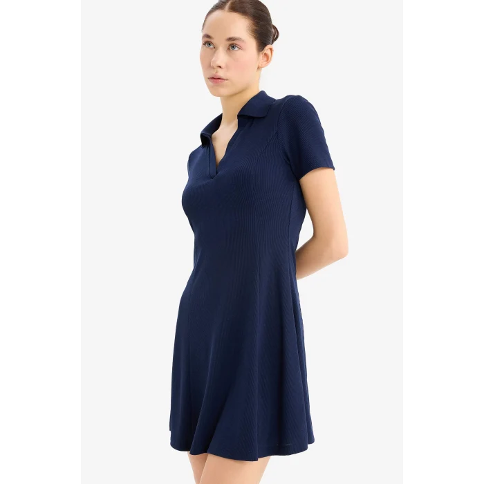 Defacto E5327 Lacivert Coool Polo Yaka Fitilli Kaşkorse Kısa Kollu Mini Elbise