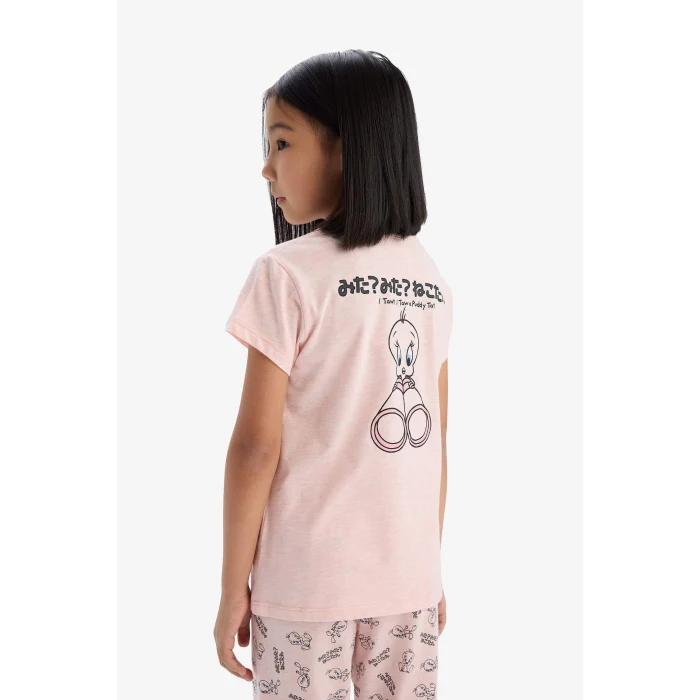 Defacto E2226 Pembe Kız Çocuk Looney Tunes Pijama Takımı Kısa Kollu Üst Beli Lastikli Uzun Alt