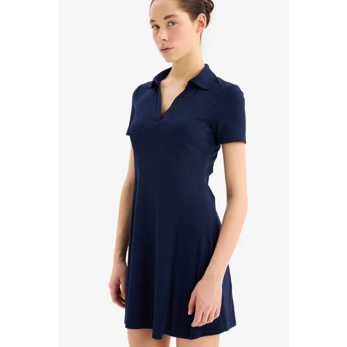 Defacto E5327 Lacivert Coool Polo Yaka Fitilli Kaşkorse Kısa Kollu Mini Elbise