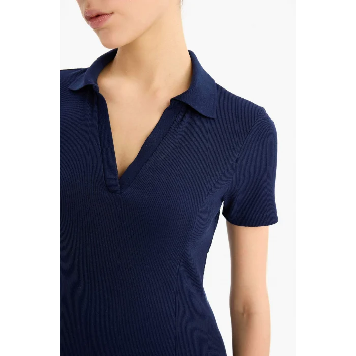 Defacto E5327 Lacivert Coool Polo Yaka Fitilli Kaşkorse Kısa Kollu Mini Elbise