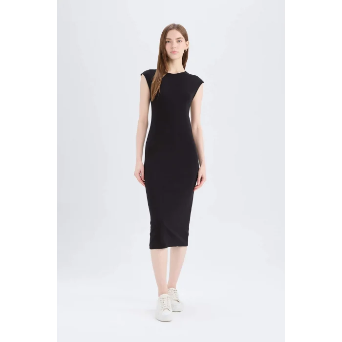 Defacto D5220 Siyah Bodycon Vücudu Saran Bisiklet Yaka Ribana Kısa Kollu Midi Elbise