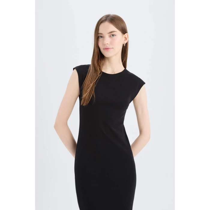 Defacto D5220 Siyah Bodycon Vücudu Saran Bisiklet Yaka Ribana Kısa Kollu Midi Elbise