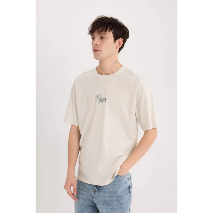 Defacto E1871 Bej Looney Tunes Boxy Fit Bisiklet Yaka Kısa Kollu Tişört
