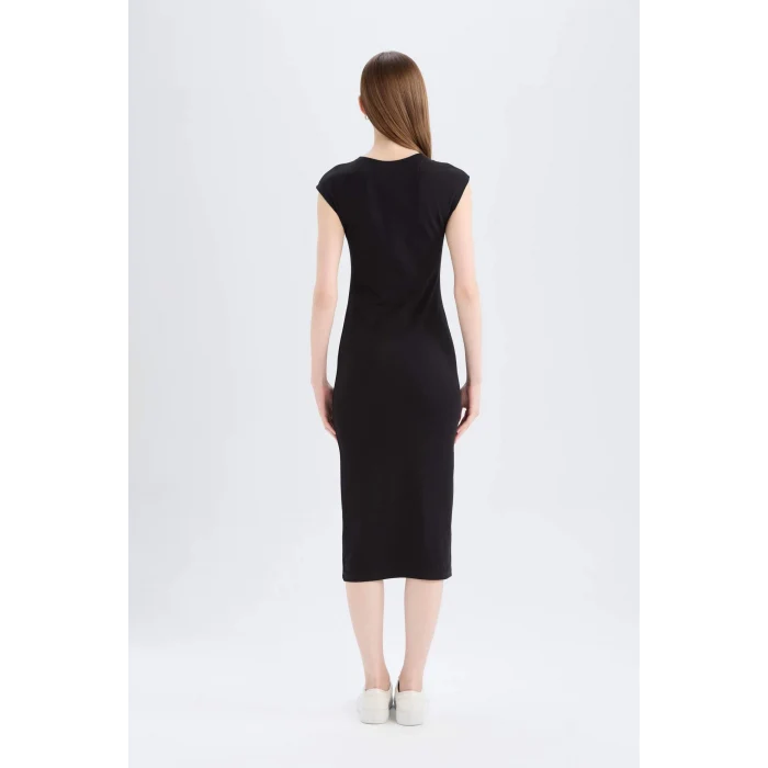 Defacto D5220 Siyah Bodycon Vücudu Saran Bisiklet Yaka Ribana Kısa Kollu Midi Elbise