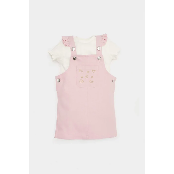 Defacto E5480 Pembe Kız Bebek 2li Takım Kısa Kollu Tişört Ayarlanabilir Askılı Salopet Elbise