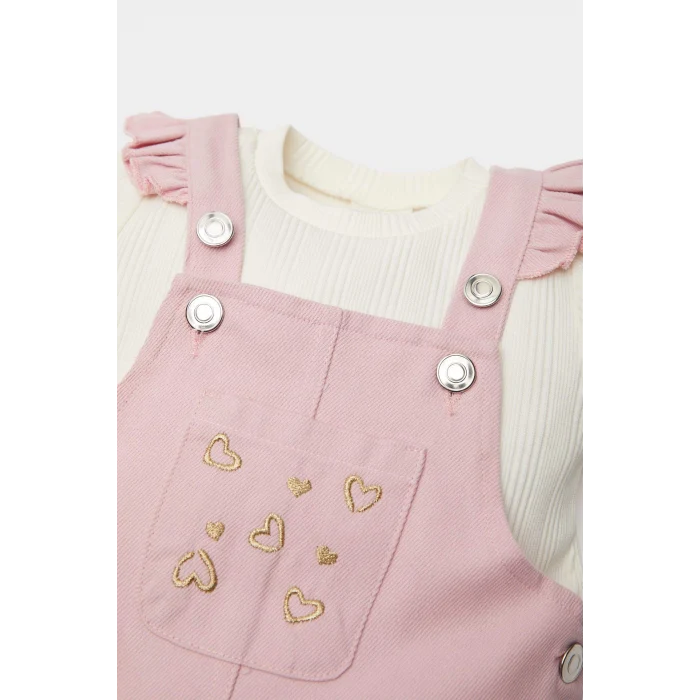 Defacto E5480 Pembe Kız Bebek 2li Takım Kısa Kollu Tişört Ayarlanabilir Askılı Salopet Elbise