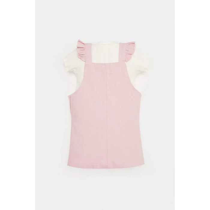 Defacto E5480 Pembe Kız Bebek 2li Takım Kısa Kollu Tişört Ayarlanabilir Askılı Salopet Elbise