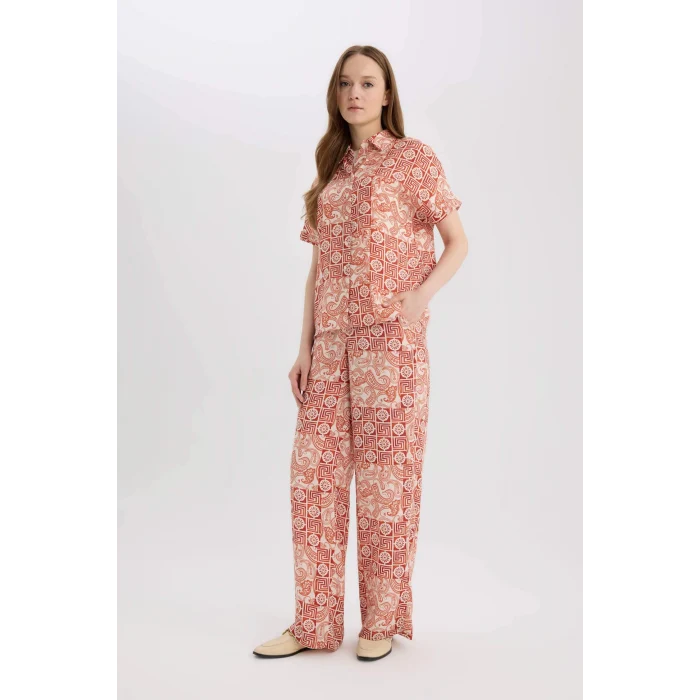 Defacto D4631 Turuncu Regular Fit Geniş Bol Paça Desenli Pantolon