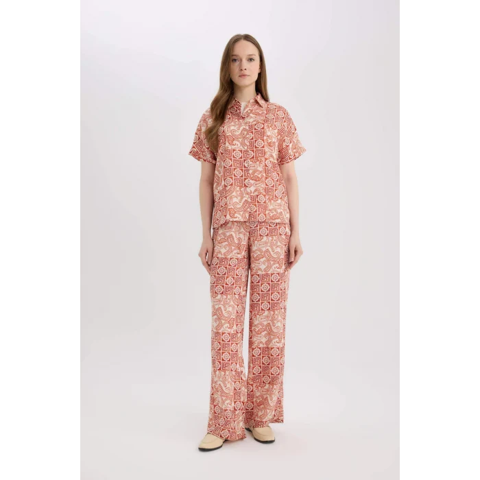 Defacto D4631 Turuncu Regular Fit Geniş Bol Paça Desenli Pantolon
