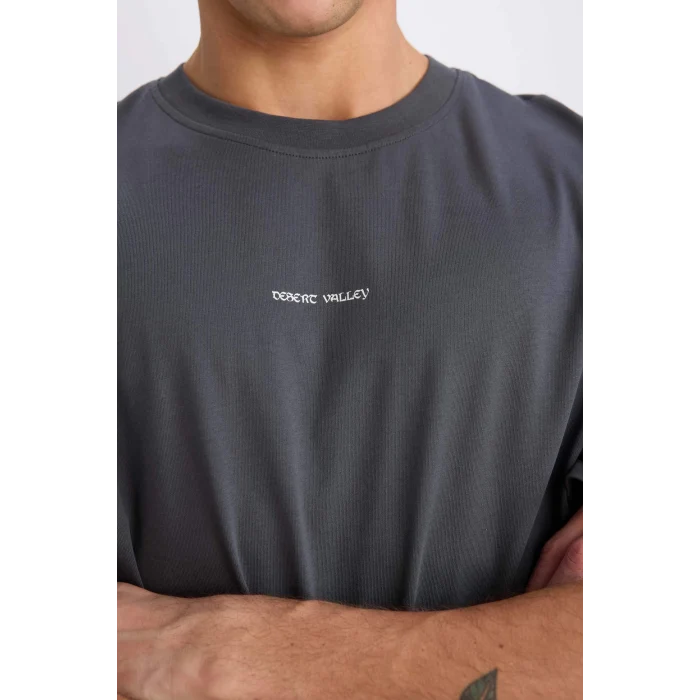 Defacto D6948 Antrasit Boxy Fit Bisiklet Yaka Sırt Baskılı Kısa Kollu Tişört