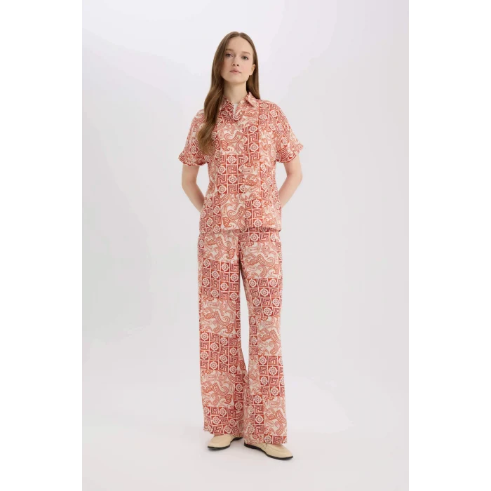 Defacto D4631 Turuncu Regular Fit Geniş Bol Paça Desenli Pantolon