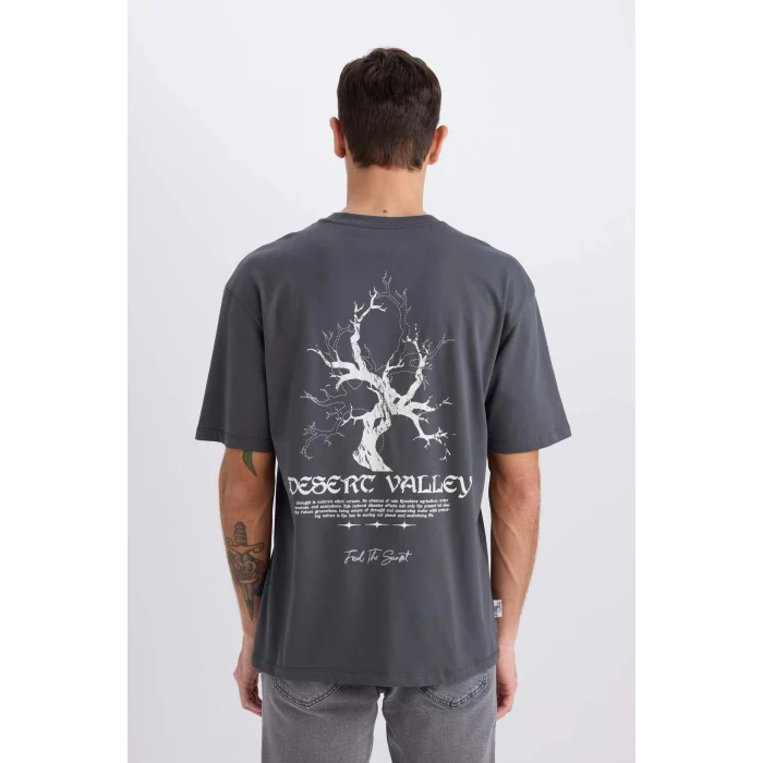 Defacto D6948 Antrasit Boxy Fit Bisiklet Yaka Sırt Baskılı Kısa Kollu Tişört