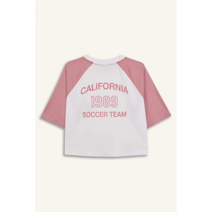 Defacto D8031 Beyaz DeFactoFit Crop Top Bisiklet Yaka Slogan Baskılı Sporcu Kısa Kollu Tişört