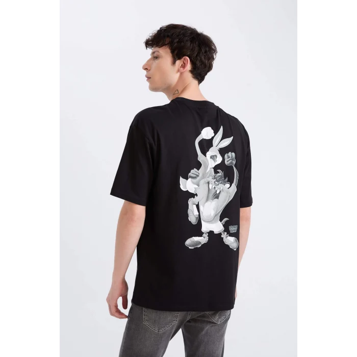 Defacto E0328 Siyah Looney Tunes Boxy Fit Bisiklet Yaka Sırt Baskılı Kısa Kollu Tişört
