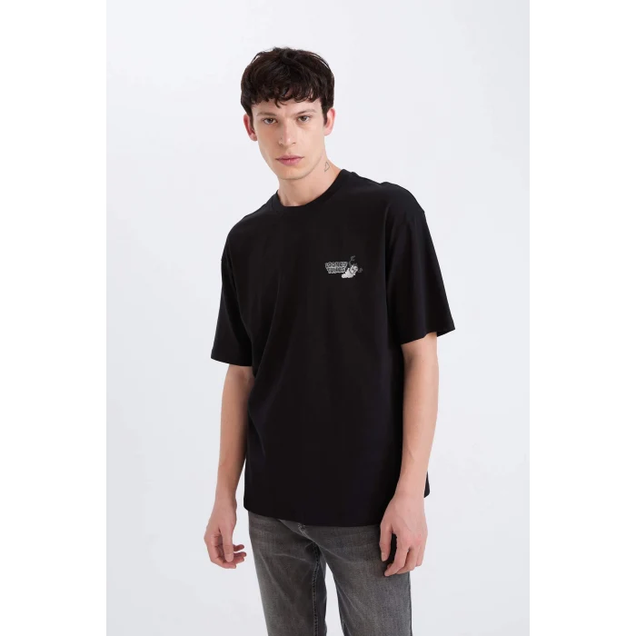 Defacto E0328 Siyah Looney Tunes Boxy Fit Bisiklet Yaka Sırt Baskılı Kısa Kollu Tişört