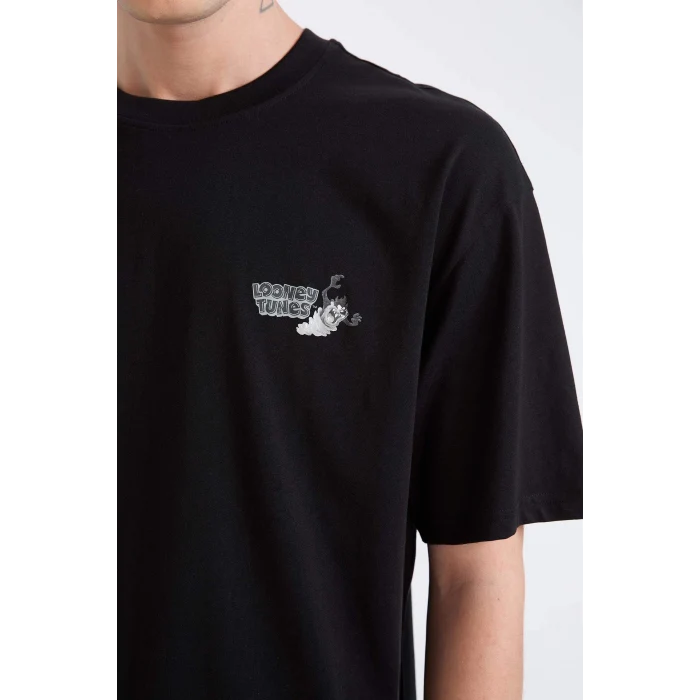 Defacto E0328 Siyah Looney Tunes Boxy Fit Bisiklet Yaka Sırt Baskılı Kısa Kollu Tişört