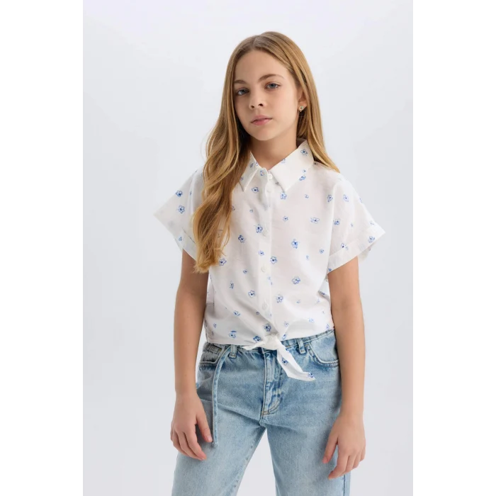 Defacto D7643 Mavi Kız Çocuk Crop Desenli Bağlama Detaylı Kısa Kollu Gömlek