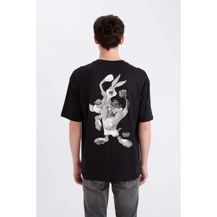 Defacto E0328 Siyah Looney Tunes Boxy Fit Bisiklet Yaka Sırt Baskılı Kısa Kollu Tişört