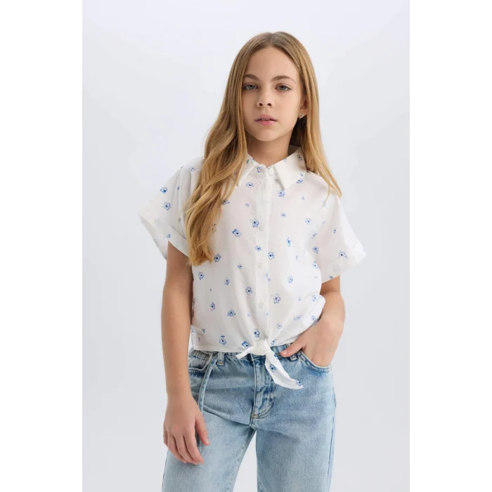 Defacto D7643 Mavi Kız Çocuk Crop Desenli Bağlama Detaylı Kısa Kollu Gömlek