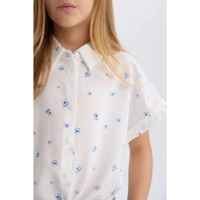 Defacto D7643 Mavi Kız Çocuk Crop Desenli Bağlama Detaylı Kısa Kollu Gömlek