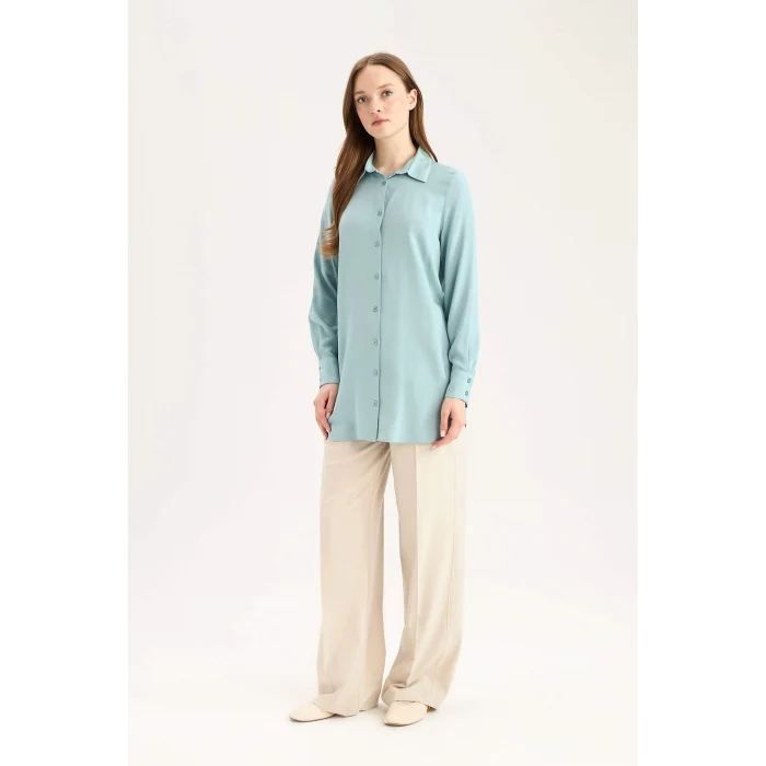 Defacto Z3538 Yeşil Regular Fit Basic Düz Uzun Kollu Gömlek Tunik