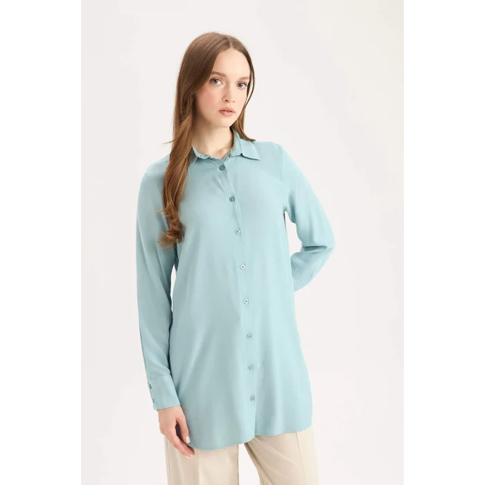 Defacto Z3538 Yeşil Regular Fit Basic Düz Uzun Kollu Gömlek Tunik