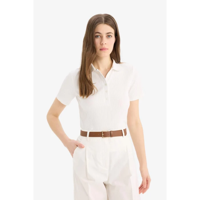 Defacto E6577 Ekru Slim Fit Dar Kesim Fitilli Kaşkorse Kısa Kollu Polo Tişört