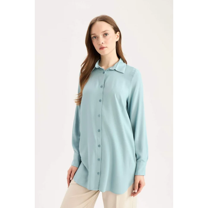 Defacto Z3538 Yeşil Regular Fit Basic Düz Uzun Kollu Gömlek Tunik