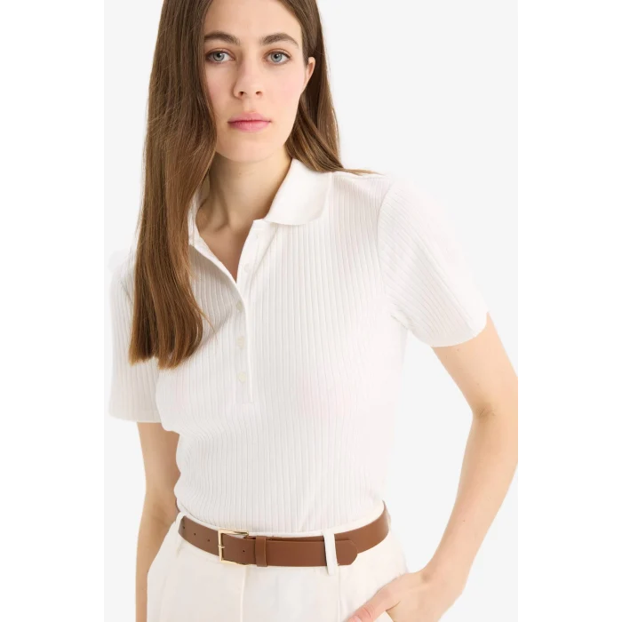 Defacto E6577 Ekru Slim Fit Dar Kesim Fitilli Kaşkorse Kısa Kollu Polo Tişört