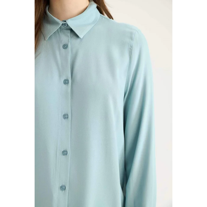 Defacto Z3538 Yeşil Regular Fit Basic Düz Uzun Kollu Gömlek Tunik