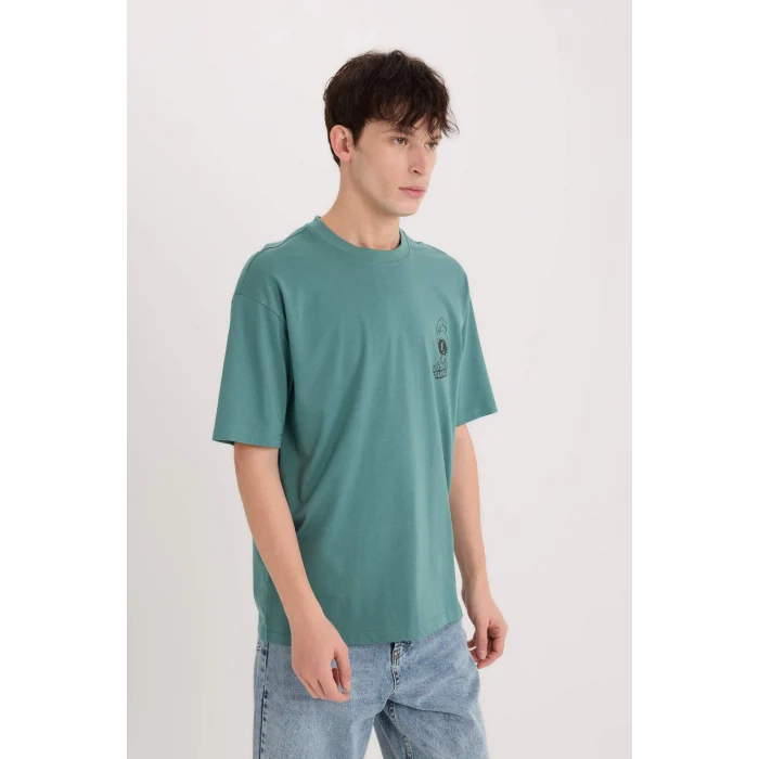 Defacto E1872 Yeşil Looney Tunes Boxy Fit Bisiklet Yaka Sırt Baskılı Kısa Kollu Tişört