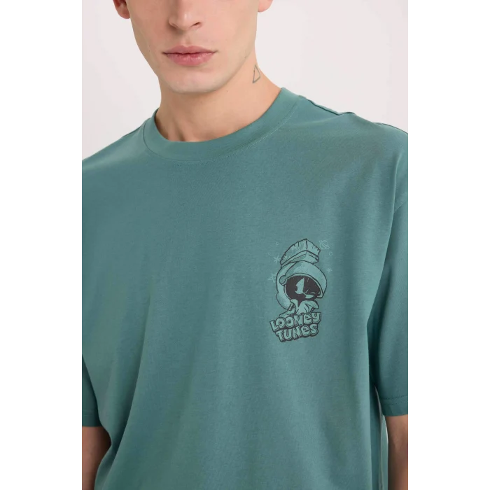 Defacto E1872 Yeşil Looney Tunes Boxy Fit Bisiklet Yaka Sırt Baskılı Kısa Kollu Tişört