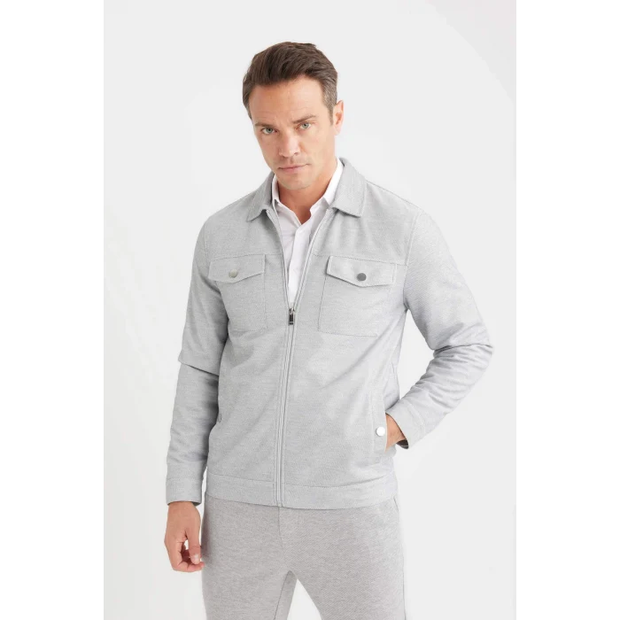 Defacto D7533 Gri Slim Fit Dar Kesim Polo Yaka Fermuarlı Mevsimlik Baharlık Mont